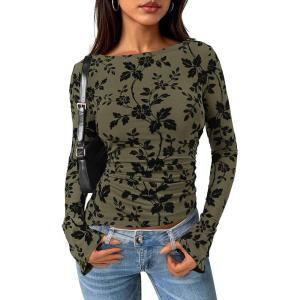 imagePRETTYGARDEN Women Long Sleeve Floral Mesh Tops Blouse 2025 Fall Trendy Boat Neck Ruched Fitted Shirt Going Out Date OutfitsArmy Green