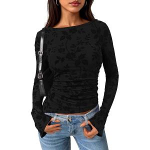 imagePRETTYGARDEN Women Long Sleeve Floral Mesh Tops Blouse 2025 Fall Trendy Boat Neck Ruched Fitted Shirt Going Out Date OutfitsBlack