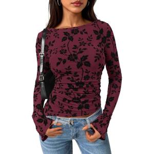 imagePRETTYGARDEN Women Long Sleeve Floral Mesh Tops Blouse 2025 Fall Trendy Boat Neck Ruched Fitted Shirt Going Out Date OutfitsBurgundy