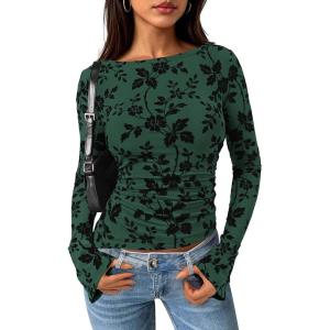 imagePRETTYGARDEN Women Long Sleeve Floral Mesh Tops Blouse 2025 Fall Trendy Boat Neck Ruched Fitted Shirt Going Out Date OutfitsDark Green