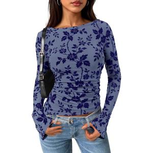 imagePRETTYGARDEN Women Long Sleeve Floral Mesh Tops Blouse 2025 Fall Trendy Boat Neck Ruched Fitted Shirt Going Out Date OutfitsDusty Blue