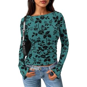 imagePRETTYGARDEN Women Long Sleeve Floral Mesh Tops Blouse 2025 Fall Trendy Boat Neck Ruched Fitted Shirt Going Out Date OutfitsLake Blue