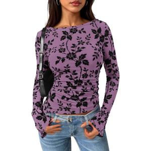 imagePRETTYGARDEN Women Long Sleeve Floral Mesh Tops Blouse 2025 Fall Trendy Boat Neck Ruched Fitted Shirt Going Out Date OutfitsPurple