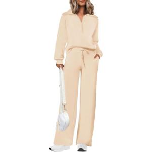 imagePRETTYGARDEN Womens 2 Piece Outfits Casual Lapel Half Zip Sweatshirts And Wide Leg Pants Tracksuit SetsBeige