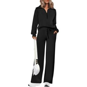 imagePRETTYGARDEN Womens 2 Piece Outfits Casual Lapel Half Zip Sweatshirts And Wide Leg Pants Tracksuit SetsBlack