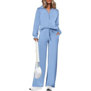 imagePRETTYGARDEN Womens 2 Piece Outfits Casual Lapel Half Zip Sweatshirts And Wide Leg Pants Tracksuit SetsBlue