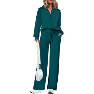 imagePRETTYGARDEN Womens 2 Piece Outfits Casual Lapel Half Zip Sweatshirts And Wide Leg Pants Tracksuit SetsBlue Green