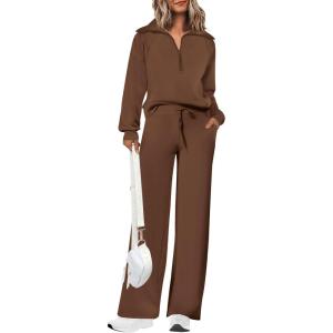 imagePRETTYGARDEN Womens 2 Piece Outfits Casual Lapel Half Zip Sweatshirts And Wide Leg Pants Tracksuit SetsBrown