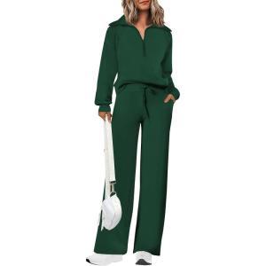 imagePRETTYGARDEN Womens 2 Piece Outfits Casual Lapel Half Zip Sweatshirts And Wide Leg Pants Tracksuit SetsDark Green