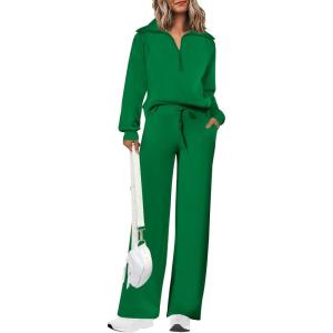 imagePRETTYGARDEN Womens 2 Piece Outfits Casual Lapel Half Zip Sweatshirts And Wide Leg Pants Tracksuit SetsGreen