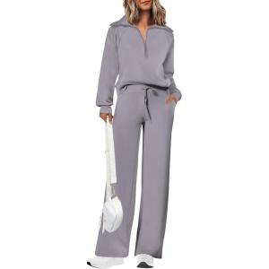 imagePRETTYGARDEN Womens 2 Piece Outfits Casual Lapel Half Zip Sweatshirts And Wide Leg Pants Tracksuit SetsGrey