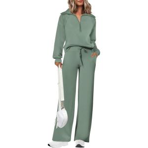 imagePRETTYGARDEN Womens 2 Piece Outfits Casual Lapel Half Zip Sweatshirts And Wide Leg Pants Tracksuit SetsGrey Green