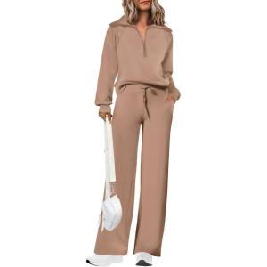 imagePRETTYGARDEN Womens 2 Piece Outfits Casual Lapel Half Zip Sweatshirts And Wide Leg Pants Tracksuit SetsKhaki