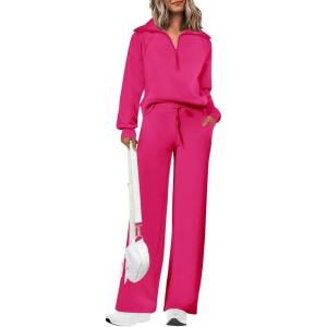 imagePRETTYGARDEN Womens 2 Piece Outfits Casual Lapel Half Zip Sweatshirts And Wide Leg Pants Tracksuit SetsRose Red