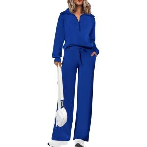 imagePRETTYGARDEN Womens 2 Piece Outfits Casual Lapel Half Zip Sweatshirts And Wide Leg Pants Tracksuit SetsRoyal Blue