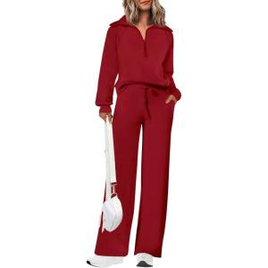 imagePRETTYGARDEN Womens 2 Piece Outfits Casual Lapel Half Zip Sweatshirts And Wide Leg Pants Tracksuit SetsWine Red