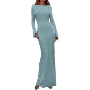 imagePRETTYGARDEN Womens Fall Fashion 2025 Long Sleeve Maxi Dress Ribbed Knit Boat Neck Bodycon Casual Dresses Going Out OutfitsLight Blue