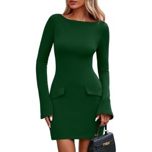 imagePRETTYGARDEN Womens Fall Long Sleeve Mini Dress 2025 Trendy Boat Neck Bodycon Knit Elegant Short Party Formal DressesGreen
