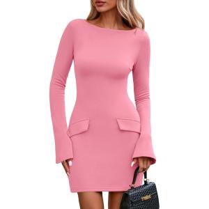 imagePRETTYGARDEN Womens Fall Long Sleeve Mini Dress 2025 Trendy Boat Neck Bodycon Knit Elegant Short Party Formal DressesPink
