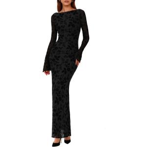 imagePRETTYGARDEN Womens Floral Bodycon Maxi Dress 2025 Fall Elegant Mesh Long Sleeve Formal Wedding Guest Cocktail DressesBlack