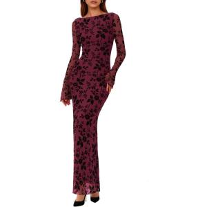 imagePRETTYGARDEN Womens Floral Bodycon Maxi Dress 2025 Fall Elegant Mesh Long Sleeve Formal Wedding Guest Cocktail DressesBurgundy