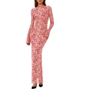 imagePRETTYGARDEN Womens Floral Bodycon Maxi Dress 2025 Fall Elegant Mesh Long Sleeve Formal Wedding Guest Cocktail DressesPink