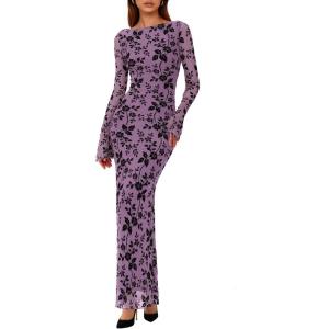 imagePRETTYGARDEN Womens Floral Bodycon Maxi Dress 2025 Fall Elegant Mesh Long Sleeve Formal Wedding Guest Cocktail DressesPurple