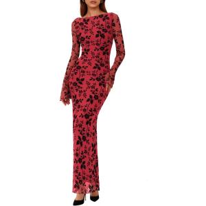 imagePRETTYGARDEN Womens Floral Bodycon Maxi Dress 2025 Fall Elegant Mesh Long Sleeve Formal Wedding Guest Cocktail DressesRed