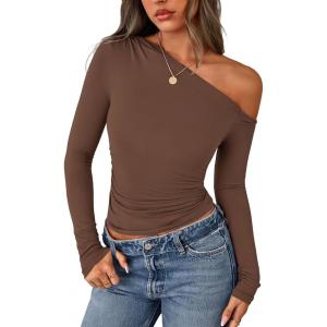 imagePRETTYGARDEN Womens Off Shoulder Long Sleeve Shirts 2025 Fall Ruched Fitted Asymmetrical Going Out Tops Trendy Y2K ClothesBrown