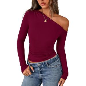 imagePRETTYGARDEN Womens Off Shoulder Long Sleeve Shirts 2025 Fall Ruched Fitted Asymmetrical Going Out Tops Trendy Y2K ClothesBurgundy