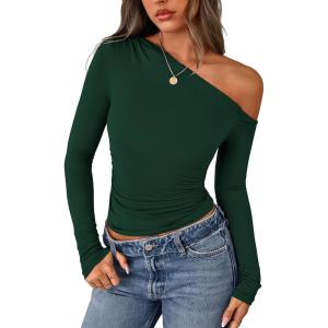 imagePRETTYGARDEN Womens Off Shoulder Long Sleeve Shirts 2025 Fall Ruched Fitted Asymmetrical Going Out Tops Trendy Y2K ClothesDark Green