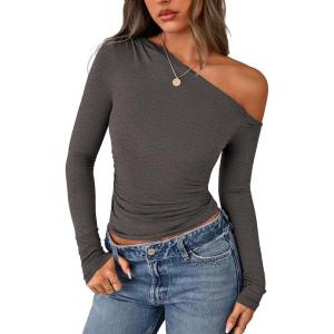 imagePRETTYGARDEN Womens Off Shoulder Long Sleeve Shirts 2025 Fall Ruched Fitted Asymmetrical Going Out Tops Trendy Y2K ClothesDark Grey