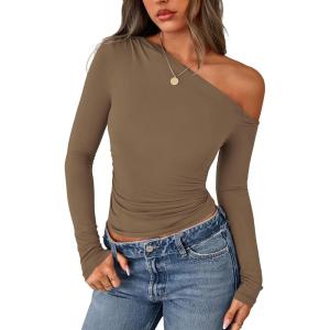 imagePRETTYGARDEN Womens Off Shoulder Long Sleeve Shirts 2025 Fall Ruched Fitted Asymmetrical Going Out Tops Trendy Y2K ClothesKhaki