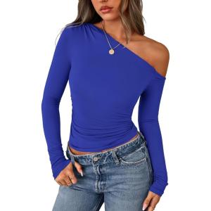 imagePRETTYGARDEN Womens Off Shoulder Long Sleeve Shirts 2025 Fall Ruched Fitted Asymmetrical Going Out Tops Trendy Y2K ClothesRoyal Blue