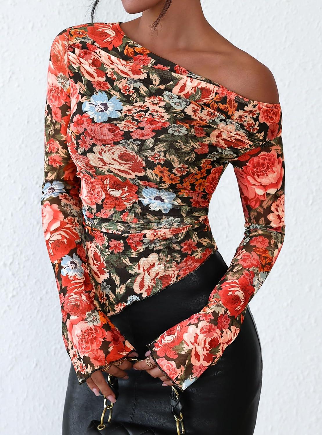 imagePRETTYGARDEN Womens Fall Trendy Off Shoulder Y2k Tops 2025 Tie Dye Mesh Long Sleeve Shirts Asymmetrical Ruched Floral BlouseFloral Black Multicolored