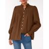 imagePRETTYGARDEN Fall Lantern Long Sleeve Shirts for Women 2025 Trendy Button Vneck Pullover Henley Tops Dressy Work BlousesBrown