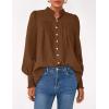 imagePRETTYGARDEN Fall Lantern Long Sleeve Shirts for Women 2025 Trendy Button Vneck Pullover Henley Tops Dressy Work BlousesBrown