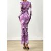 imagePRETTYGARDEN Fall Wedding Guest Dresses for Women 2025 Long Sleeve Ruched Sexy Bodycon Floral Mesh Cocktail Party Maxi DressGrey Purple Floral