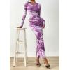 imagePRETTYGARDEN Fall Wedding Guest Dresses for Women 2025 Long Sleeve Ruched Sexy Bodycon Floral Mesh Cocktail Party Maxi DressGrey Purple Floral