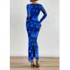imagePRETTYGARDEN Fall Wedding Guest Dresses for Women 2025 Long Sleeve Ruched Sexy Bodycon Floral Mesh Cocktail Party Maxi DressNavy Blue Floral