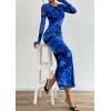 imagePRETTYGARDEN Fall Wedding Guest Dresses for Women 2025 Long Sleeve Ruched Sexy Bodycon Floral Mesh Cocktail Party Maxi DressNavy Blue Floral