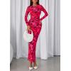 imagePRETTYGARDEN Fall Wedding Guest Dresses for Women 2025 Long Sleeve Ruched Sexy Bodycon Floral Mesh Cocktail Party Maxi DressRose Red Floral