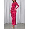 imagePRETTYGARDEN Fall Wedding Guest Dresses for Women 2025 Long Sleeve Ruched Sexy Bodycon Floral Mesh Cocktail Party Maxi DressRose Red Floral