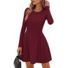 imagePRETTYGARDEN Long Sleeve Mini Dress for Women 2025 Fall Crewneck Knit Pleated Babydoll A Line Soft Casual Short Party DressesWine Red