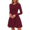 imagePRETTYGARDEN Long Sleeve Mini Dress for Women 2025 Fall Crewneck Knit Pleated Babydoll A Line Soft Casual Short Party DressesWine Red