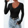 imagePRETTYGARDEN Long Sleeve Shirts for Women 2025 Fall Fashion V Neck Going Out Tops Slim Fit Basic Tees Y2K ClothesBlack