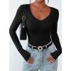 imagePRETTYGARDEN Long Sleeve Shirts for Women 2025 Fall Fashion V Neck Going Out Tops Slim Fit Basic Tees Y2K ClothesBlack