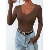 imagePRETTYGARDEN Long Sleeve Shirts for Women 2025 Fall Fashion V Neck Going Out Tops Slim Fit Basic Tees Y2K ClothesBrown