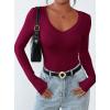 imagePRETTYGARDEN Long Sleeve Shirts for Women 2025 Fall Fashion V Neck Going Out Tops Slim Fit Basic Tees Y2K ClothesBurgundy