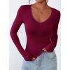 imagePRETTYGARDEN Long Sleeve Shirts for Women 2025 Fall Fashion V Neck Going Out Tops Slim Fit Basic Tees Y2K ClothesBurgundy